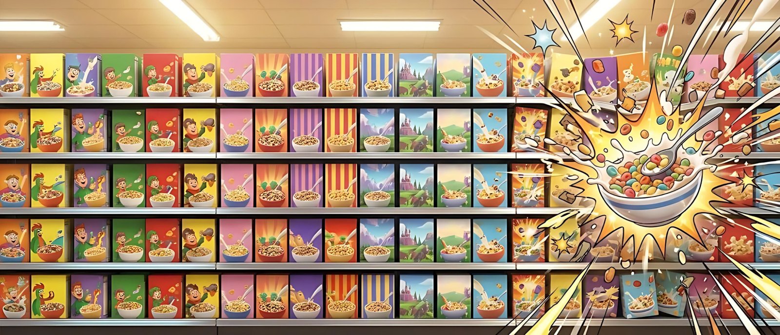 Saturday morning cereal aisle with cartoon-style cereal boxes